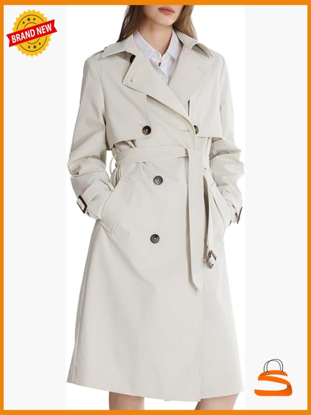 3/4 Length Double Breasted Trench Coat with Belt - Beige